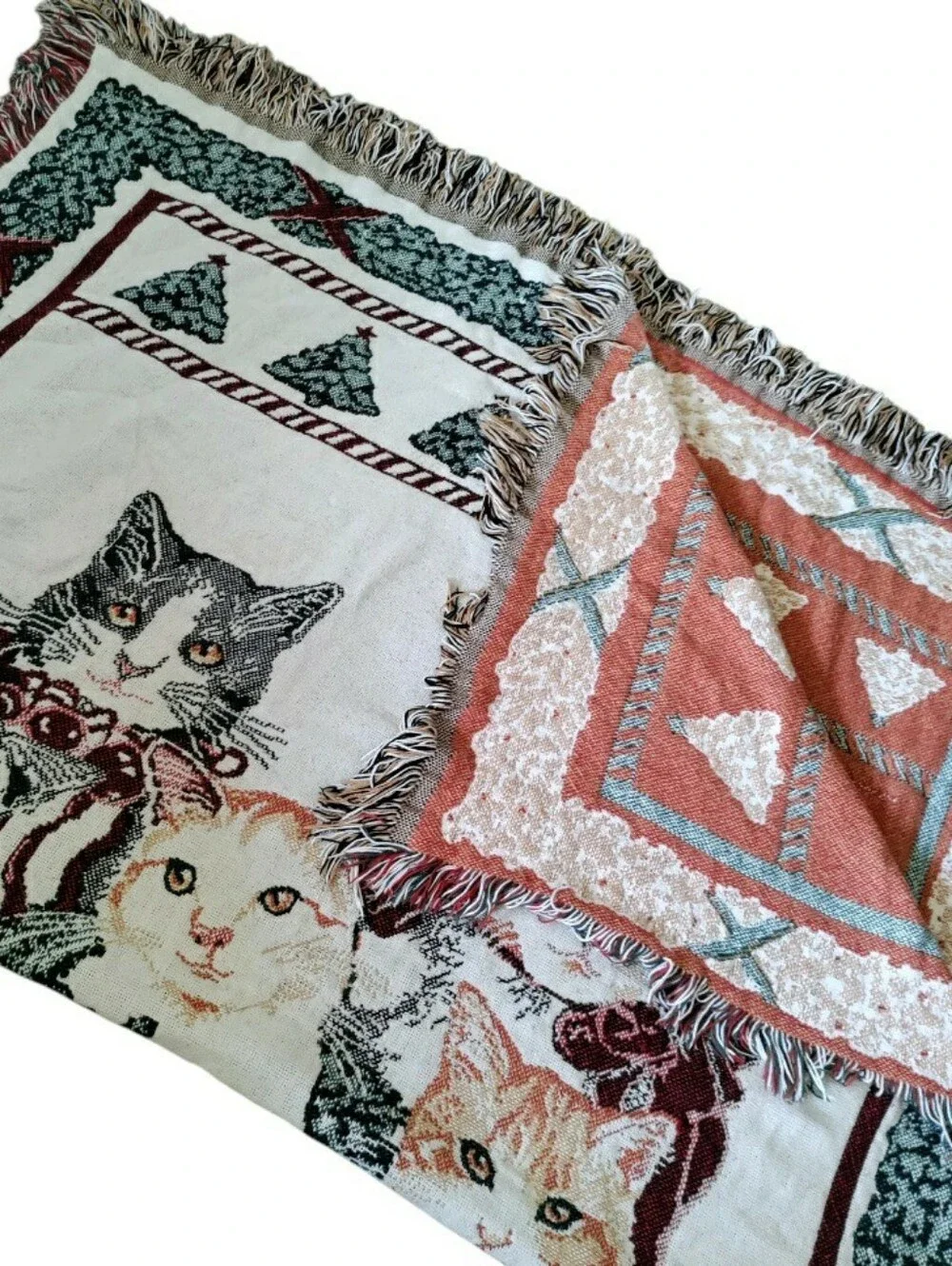 Woven Tapestry Fringe Blanket Holiday Cats 50x70 Christmas Feline Cottagecore